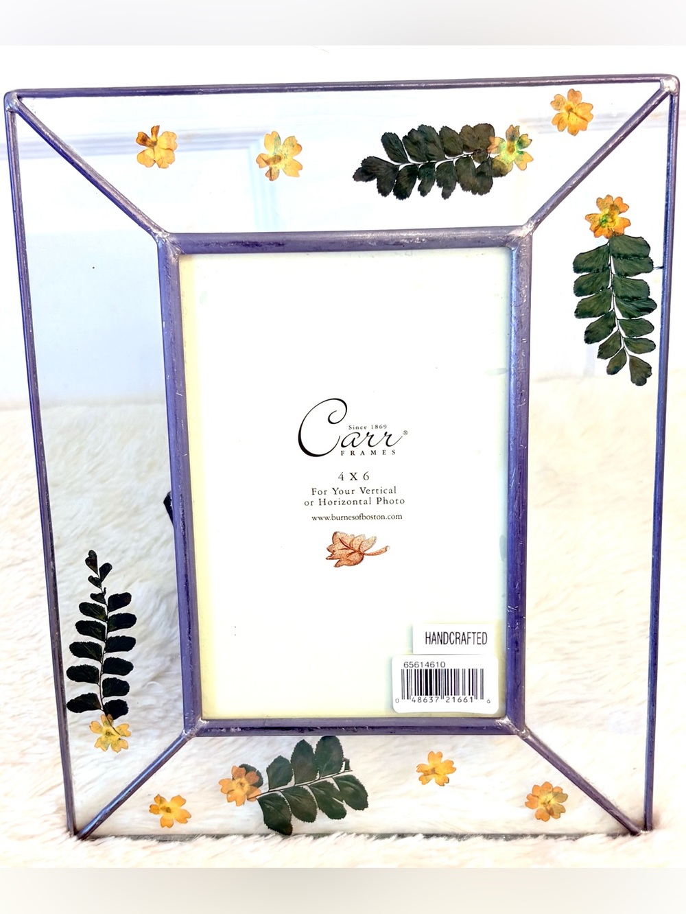 Vintage Carr Pressed flowers and fern glass Cottagecore picture frame~ 4”x6”